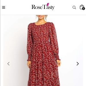 Floral Print Shirred Cuff Midi Dress—Long sleeved